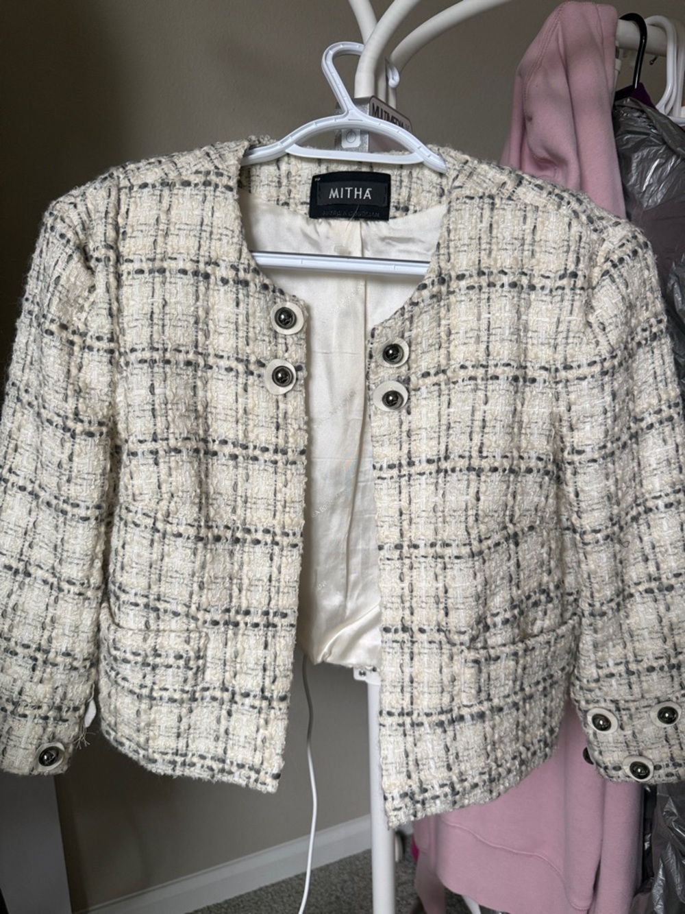 Ivory Plaid Tweed Cropped Jacket